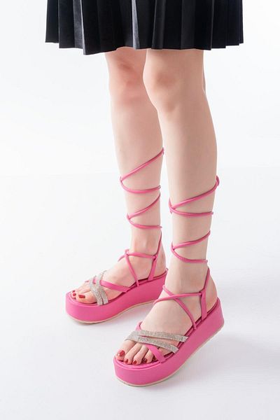 Aymood 861-1010 Fuchsia Silver Stone Ankle Strap Women's Sandals