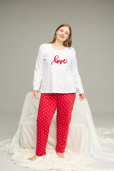 Siyah İnci White Pattern Curve Large Size Battal Size Cotton Pajamas Suit25240783