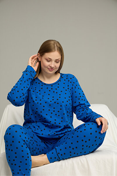Siyah İnci saks desenli Curve Büyük Beden Battal Boy Pamuklu Pijama Takım25240773