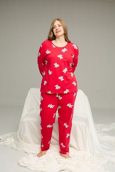 Siyah İnci Red Pattern Curve Large Size Battal Size Cotton Pajamas Suit25240765