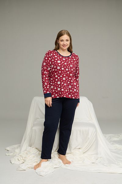 Siyah İnci Памучен пижамен комплект Curve Plus Size Oversized с бордо шарки 25240756