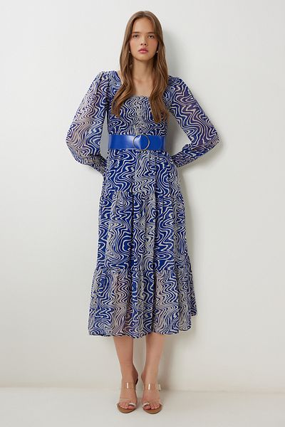 Lovelyİstanbul Rochie din șifon cu volan cu model cu centură LFG0058 BLUE BONE