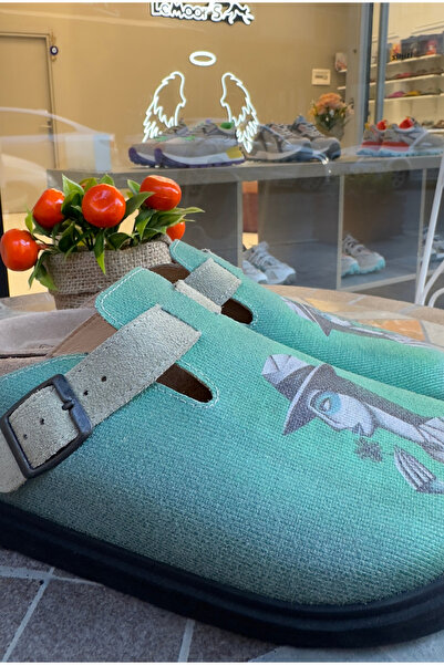 Lemoors Justine Natural Cork Sole Inner Genuine Leather Green Color Printed over Canvas Sabo Slippers