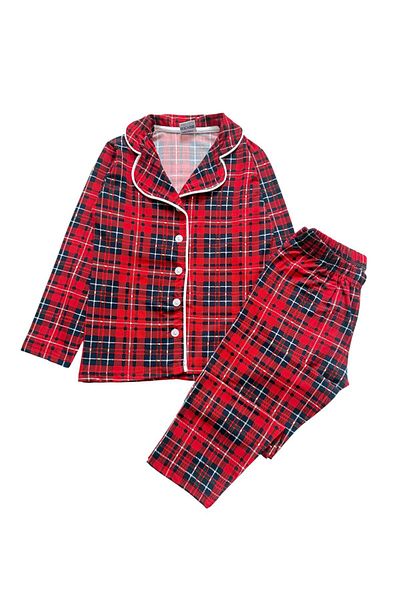 Şekerkids Girls Milan Fabric Red Plaid Pattern Long Sleeve Shirt Collar Button Pajama Set