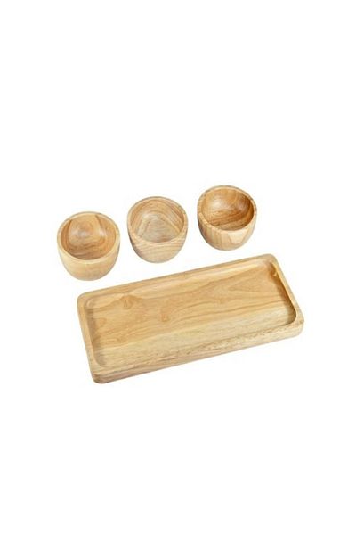 Generic Triple Ramekin Snack Bowl Set with Wooden Tray 3 Section Natural Rubber Tree Snack Cups and Plate