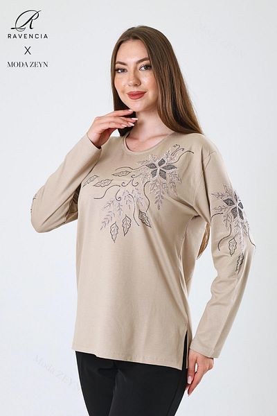 Ravencia Women's Middle Age and Above Viscose Flower Pattern Stone Embroidered Lycra Beige Mother Combed Cotton Blouse