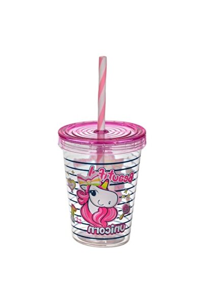 SOHO Pahar de plastic cu pai detașabil, design Unicorn, 450 ml, roz