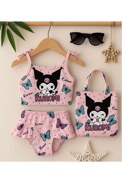 ARBİ kids Girl's Kuromi Three-Piece Swimsuit Bikini Suit with Bag