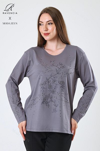 Ravencia Women's Middle Age and Above Viscose New Coating Pattern Stone Embroidered Lycra Gray Mother Combed Cotton Blouse