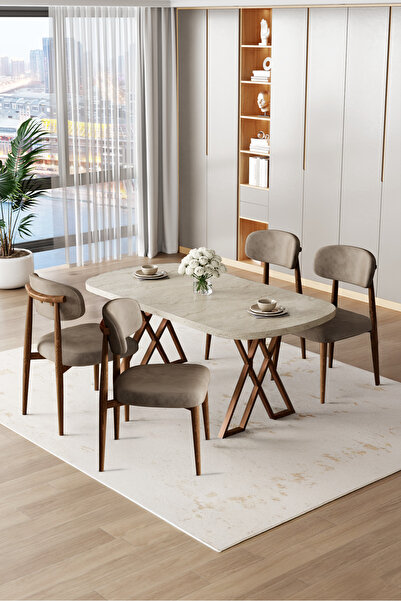 Canisa Jolin Serisi Mdf 90x168 Traverten Masa Takımı 4 Cappucino Ahşap Kaplama Metal Sandalye