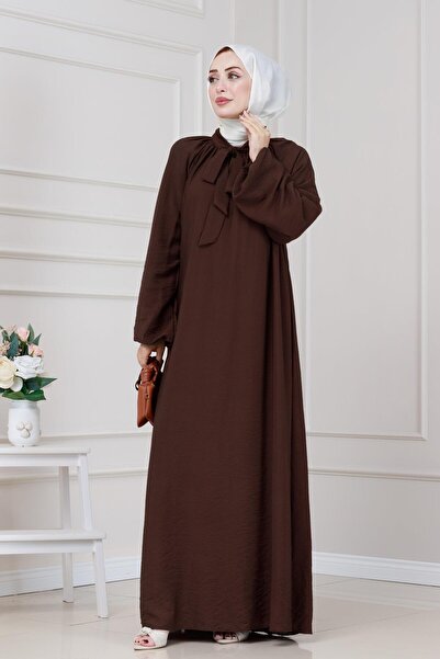 Sevitli Φόρεμα Lara με κορδόνια στο γιακά-Καφέ