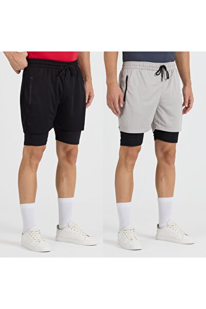 pandy 2'li Set Erkek Hızlı Kuruma Fermuarlı Özellikli Antrenman Halısaha Fitness Kısa Taytlı Spor Şort