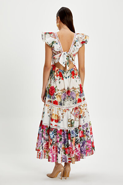 SERPİL Kadın Volan Kollu Desenli Elbise – V Yaka, Lastikli Bel, Astarlı