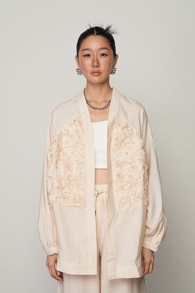 Orfeo Negro KIMONO DE CULOARE SOLIDĂ CU ROSE BORDATE LA FAȚĂ PENTRU FEMEI