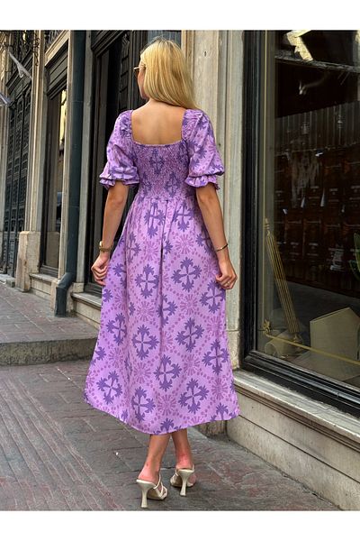 Tubik Women's Square Neck Floral Patterned Gimp Dress