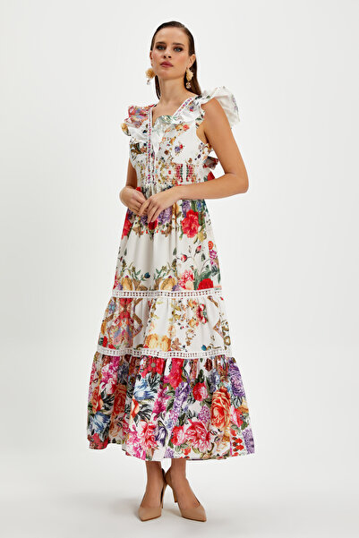 SERPİL Kadın Volan Kollu Desenli Elbise – V Yaka, Lastikli Bel, Astarlı