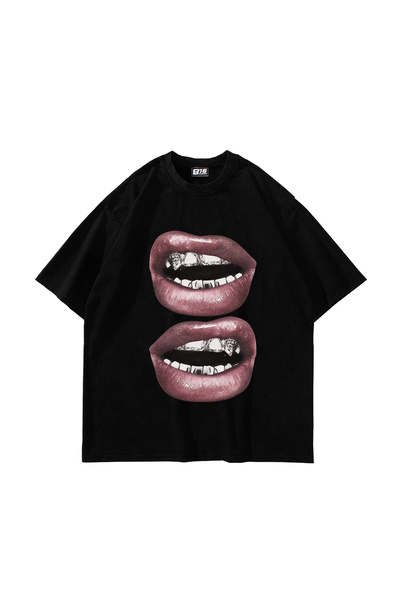 Bak Moda Tricou negru oversize unisex cu imprimeu Lip Teeths V2