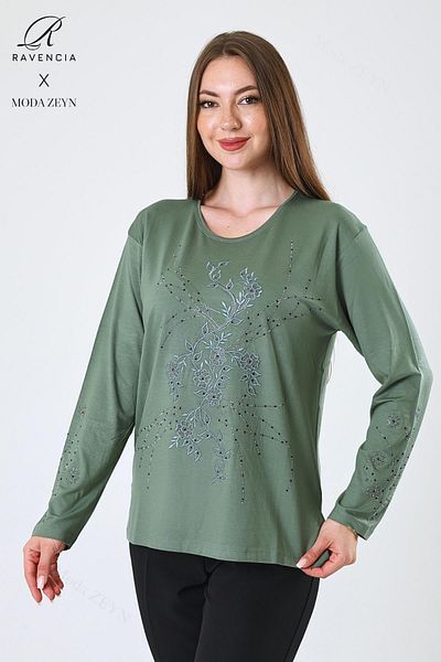 Ravencia Women's Middle Age and Above Viscose New Coating Pattern Stone Embroidered Lycra Green Mother Combed Cotton Blouse