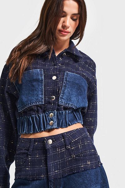its basic Women's Dark Denim Color t 2W5-7 Woven Denim Fabric Blended Front Buttoned Special Design Bomber Jacket