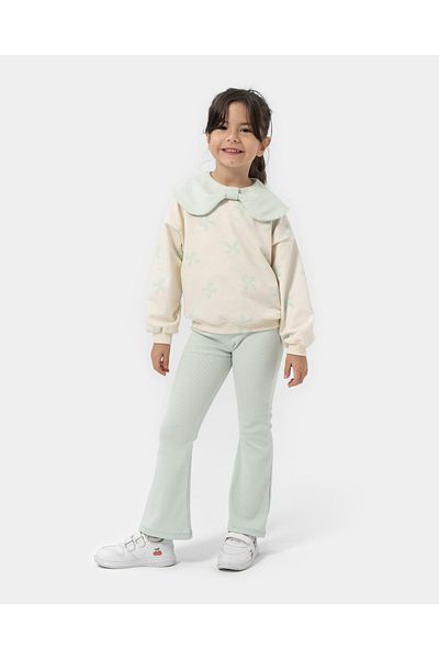 DIDuStore Girls' Cotton Mint Green Bow Wide Collar Sweatshirt and Trousers Set