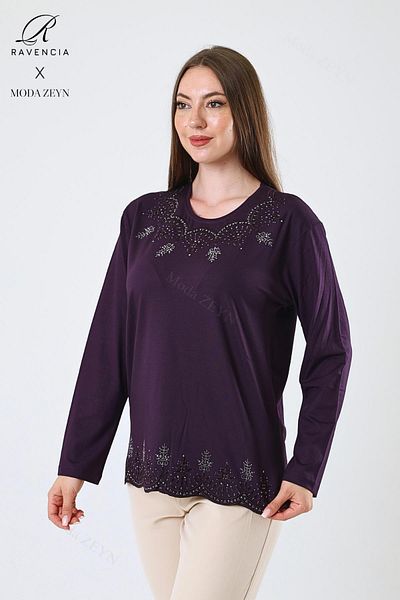 Ravencia Women's Middle Age and Above Viscose Leaf Patterned Skirt Collar Stone Embroidered Lycra Plum Mother Combed Cotton