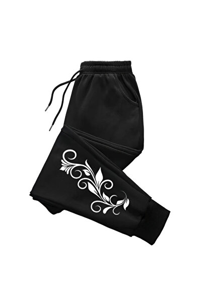 StartMore Black Leaf and Flower Pattern Printed Women's Unisex Sweatpants