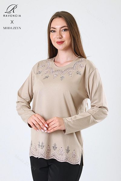 Ravencia Women's Middle Age and Above Viscose Leaf Patterned Skirt Collar Stone Embroidered Lycra Beige Mother Combed Cotton Blu