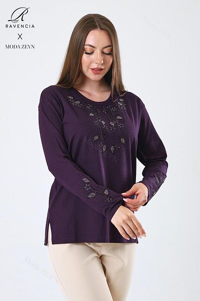 Ravencia Women's Middle Age and Above Viscose Drop Leaf Pattern Stoned Embroidered Lycra Plum Mother Combed Cotton Blouse