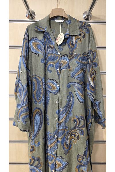 Park Moda Italian Linen Shirt Dress Shawl Pattern Buttoned