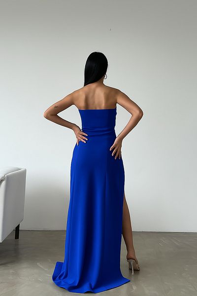 Deafox Saks Blue Heart Neckline Deep Slit Detailed Scuba Fabric Dress