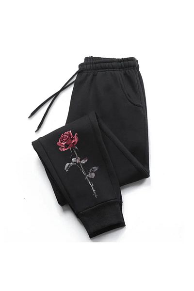StartMore Black Rose Printed Women's Unisex Sweatpants