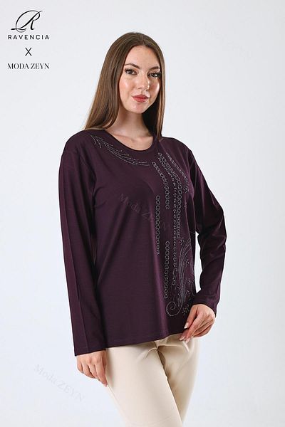 Ravencia Women's Middle Age and Above Viscose Ring Stripe Pattern Stone Embroidered Lycra Plum Mother Combed Cotton Blouse