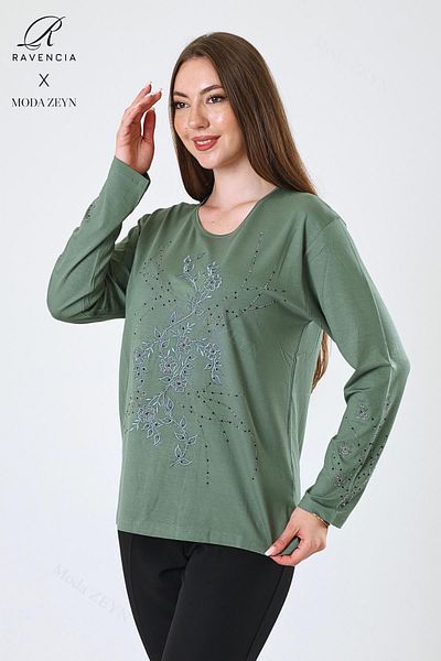 Ravencia Women's Middle Age and Above Viscose New Coating Pattern Stone Embroidered Lycra Green Mother Combed Cotton Blouse