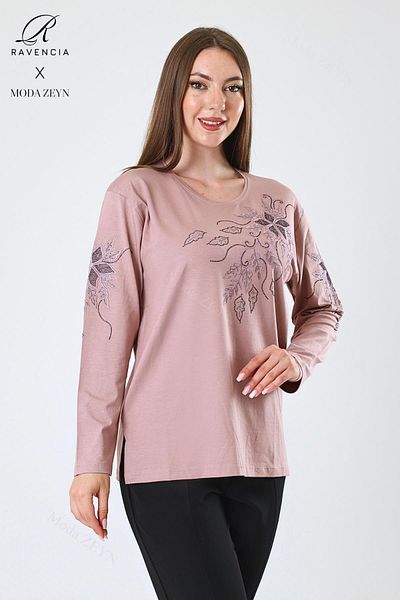 Ravencia Women's Middle Age and Above Viscose Flower Pattern Stone Embroidered Lycra Powder Mother Combed Cotton Blouse