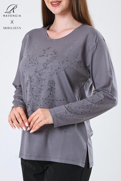 Ravencia Γυναικεία μπλούζα μεσαίας ηλικίας και άνω της βισκόζης Νέο μοτίβο επικάλυψης με πέτρα κεντημένη λύκρα γκρι μαμά χτενισμένη βαμβακερή μπλούζα