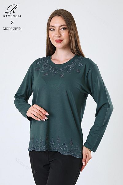 Ravencia Women's Middle Age and Above Viscose Leaf Patterned Skirt Collar Stone Embroidered Lycra Emerald Mother Combed Cotton
