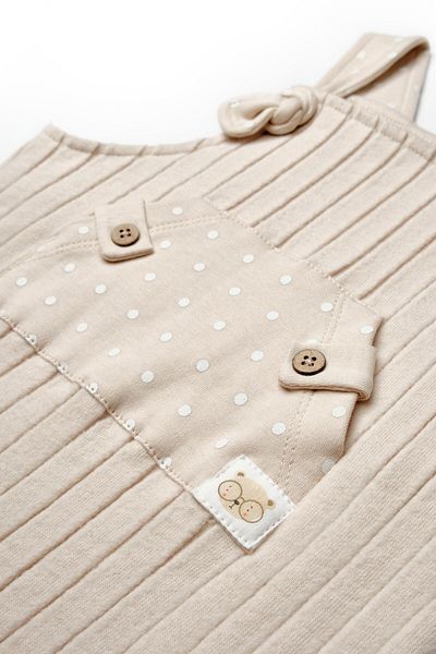 Magu Cotton Unisex Baby Beige Salopet - Ribbed Fabric and Polka Dot Pocket Detail