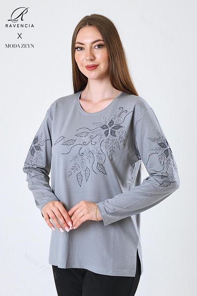 Ravencia Women's Middle Age and Above Viscose Flower Pattern Stone Embroidered Lycra Gray Mother Combed Cotton Blouse