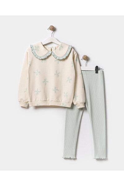 Magu Girls' Cotton Ecru Ribbon Patterned Ruffle Collar Sweat and Mint Leggings Set