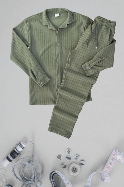 Ferhatlı Men's Crepe Fabric Striped Shirt Suit Oversize Long Sleeve Shirt Pants Suit