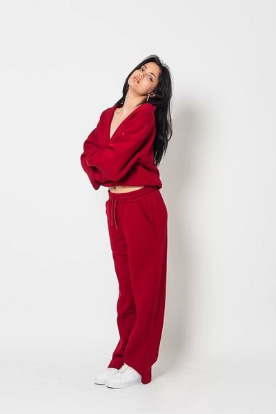 Bak Moda Oversize Unisex Basic Premium Claret Red Tracksuit Set with V-Neck Stitching Detail