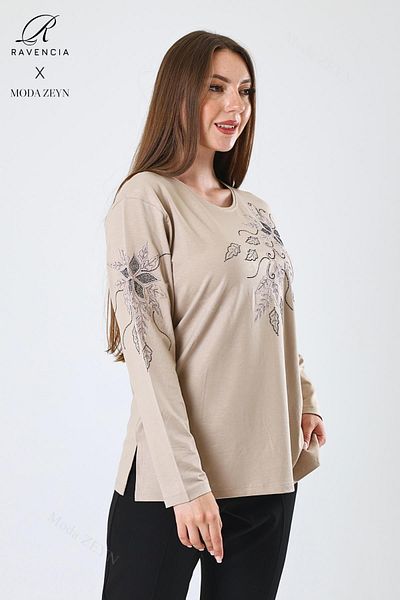 Ravencia Women's Middle Age and Above Viscose Flower Pattern Stone Embroidered Lycra Beige Mother Combed Cotton Blouse