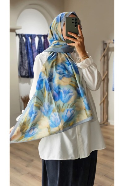 Merwiss Șal albastru din țesătură organică cu model de flori