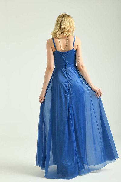 XXL BUTİK XXL Boutique rochie de seară lungă cu bretele albastre Saks pentru femei X-NBS9276