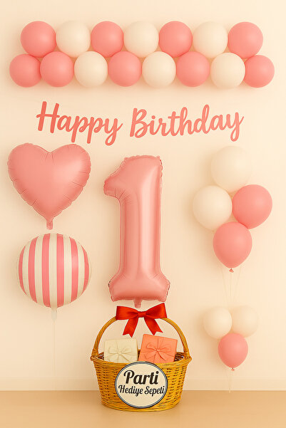 parti hediye sepeti Pembe 1 Yaş Doğum Günü Balon Seti | Kalp Çizgili Folyo Ha...