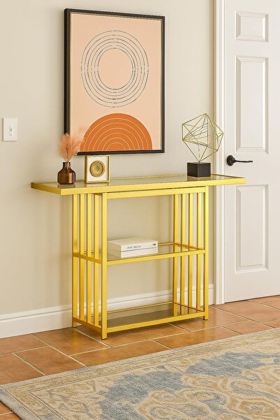 genric FFD Metal & Glass Console Table 120×40×90 cm – Gold & Black Powder-Coated Frame, 2 Temp