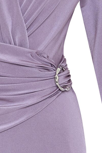 Setre Λιλά Ασύμμετρο και Πλήρες Μακρυμάνικο Μίντι Φόρεμα με Αξεσουάρ στη μέση