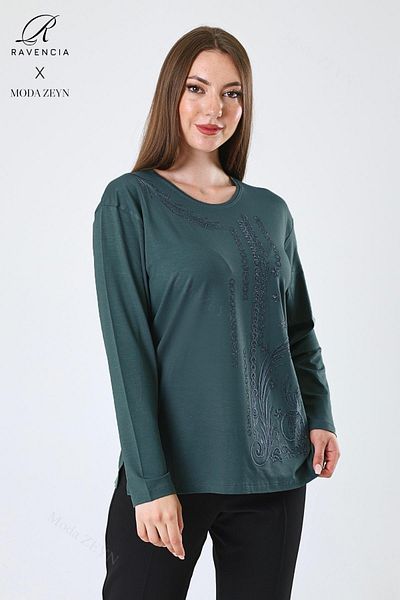 Ravencia Women's Middle Age and Above Viscose Ring Stripe Pattern Stone Embroidered Lycra Emerald Mother Combed Cotton Blouse