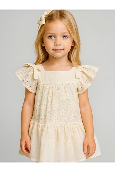 Zekids Girls' Linen Dress with Bow on the Shoulders