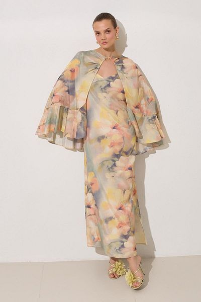 Setre Mint Cape Detailed Patterned Midi Dress
